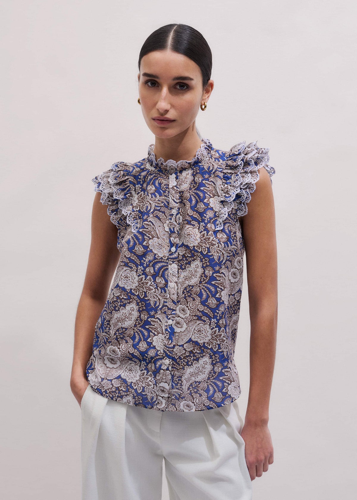 Blue Elaborate Botanical Print Ruffle Straight Blouse | ME+EM Clothing