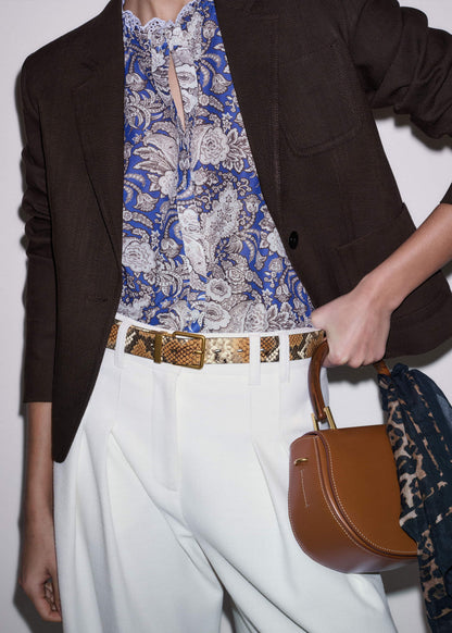 Blue Elaborate Botanical Print Ruffle Straight Blouse | ME+EM Clothing