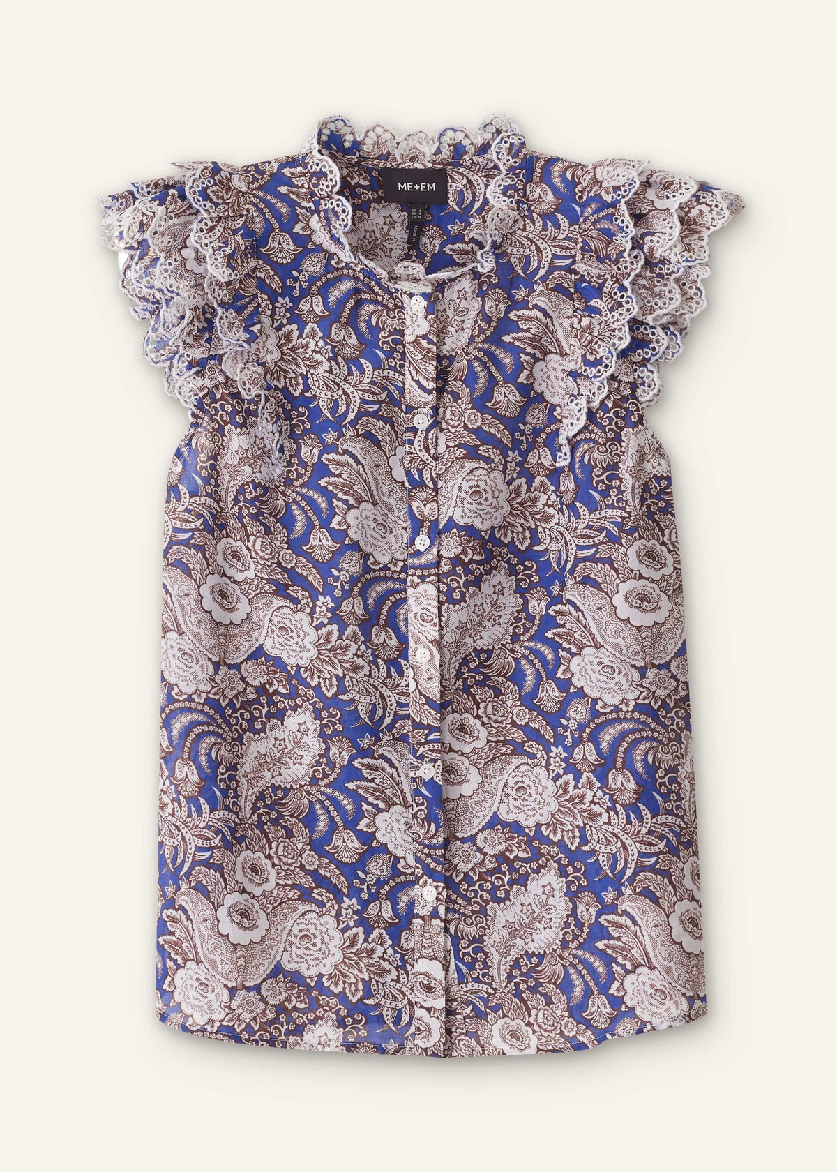 Blue Elaborate Botanical Print Ruffle Straight Blouse | ME+EM Clothing