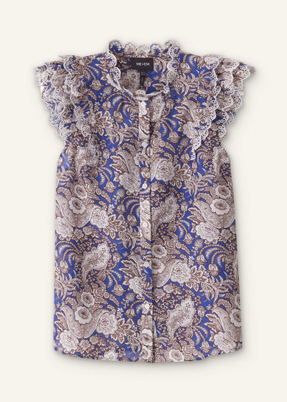 Blue Elaborate Botanical Print Ruffle Straight Blouse | ME+EM Clothing