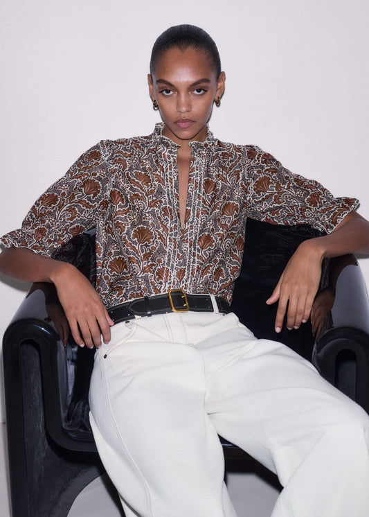 Brown Silk Cotton Rising Wildflower Print Blouse | ME+EM Clothing