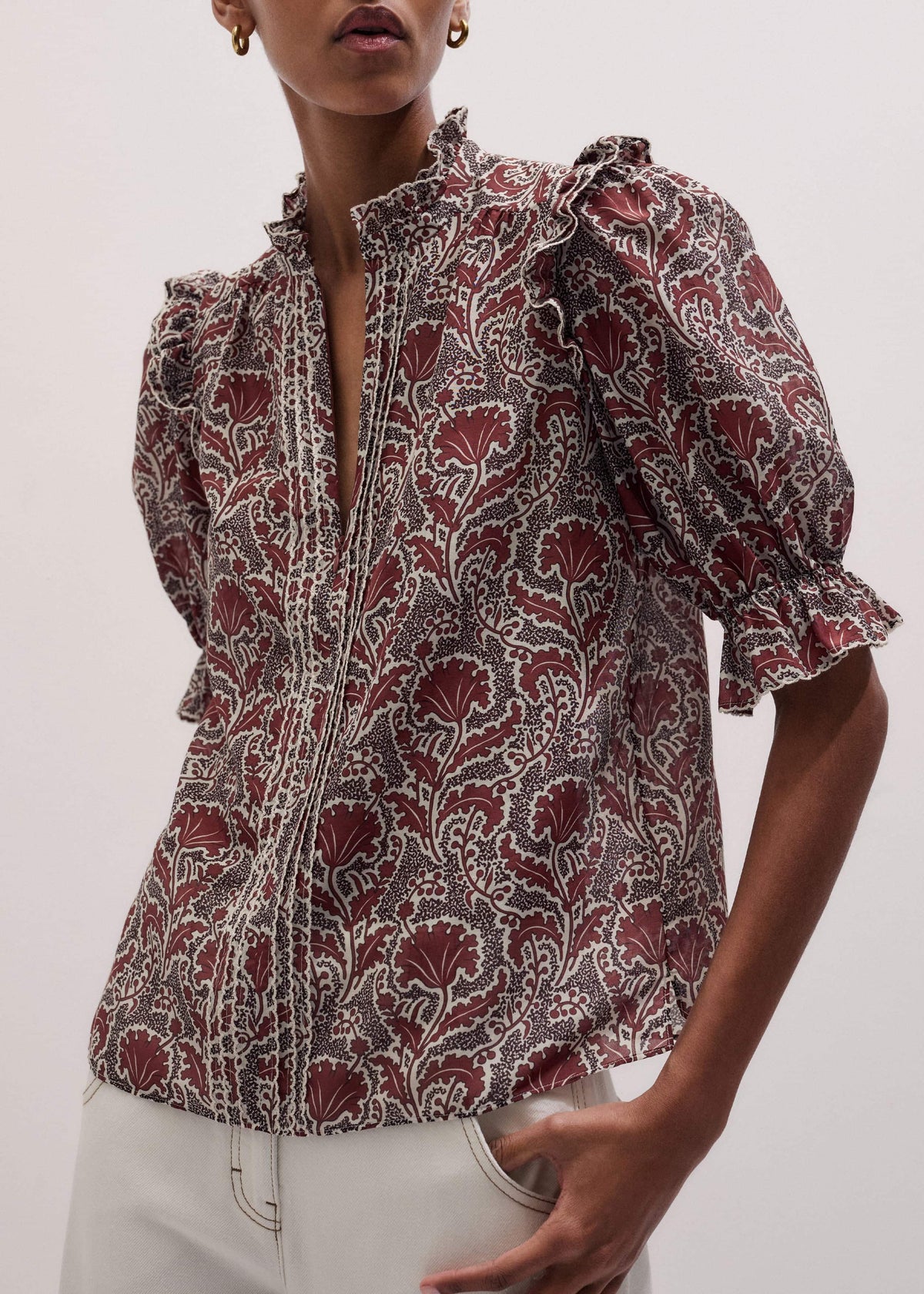 Brown Silk Cotton Rising Wildflower Print Blouse | ME+EM Clothing