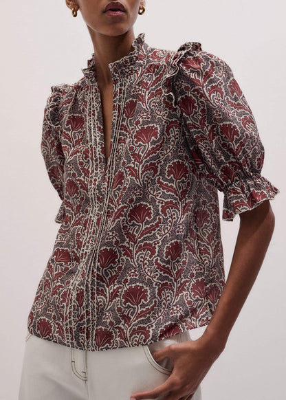 Brown Silk Cotton Rising Wildflower Print Blouse | ME+EM Clothing