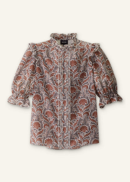 Brown Silk Cotton Rising Wildflower Print Blouse | ME+EM Clothing