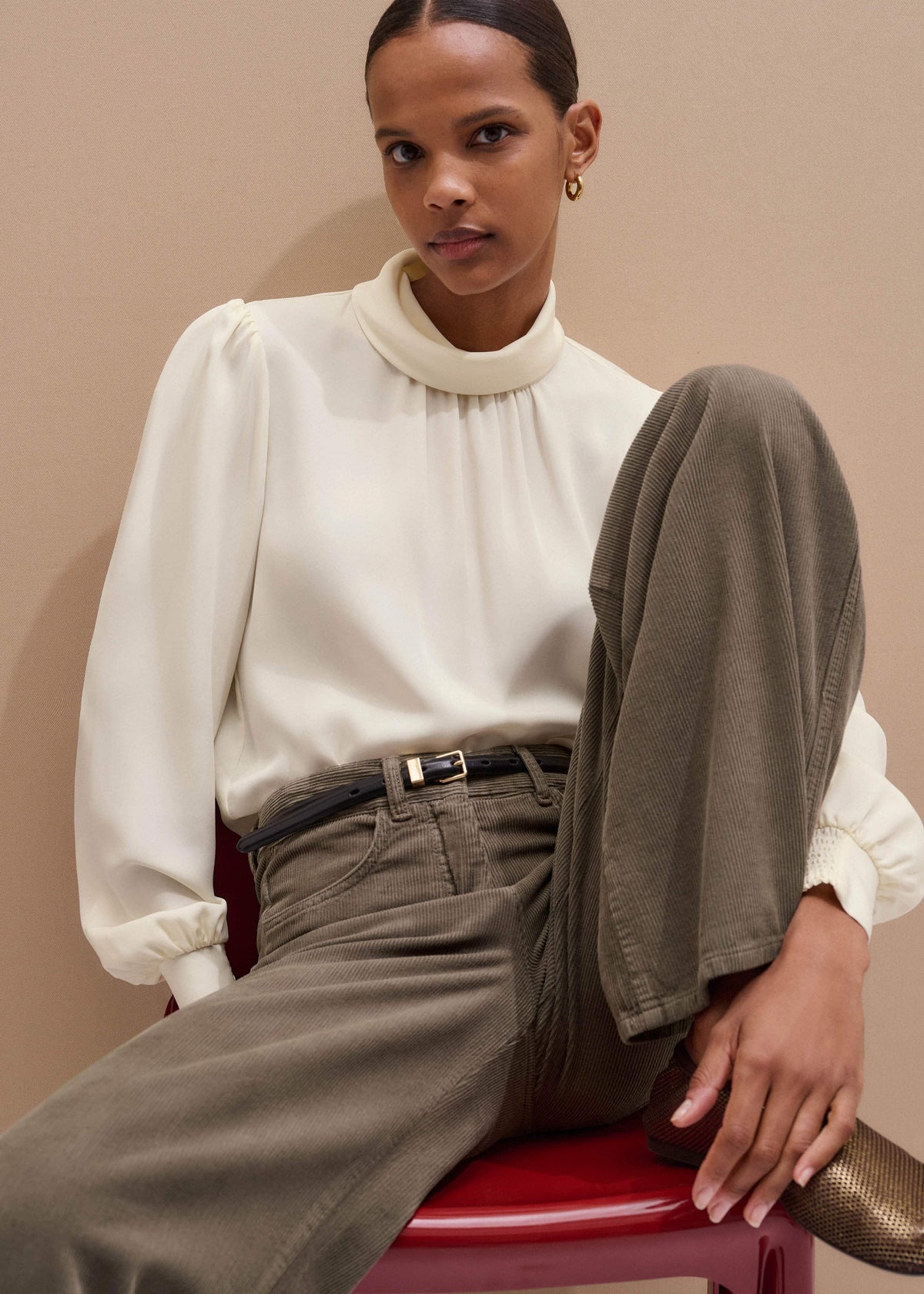 Cream Silk High Neck Slim Cut Blouse | ME+EM Clothing