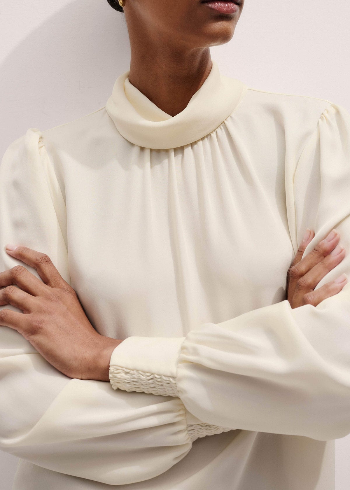 Cream Silk High Neck Slim Cut Blouse | ME+EM Clothing
