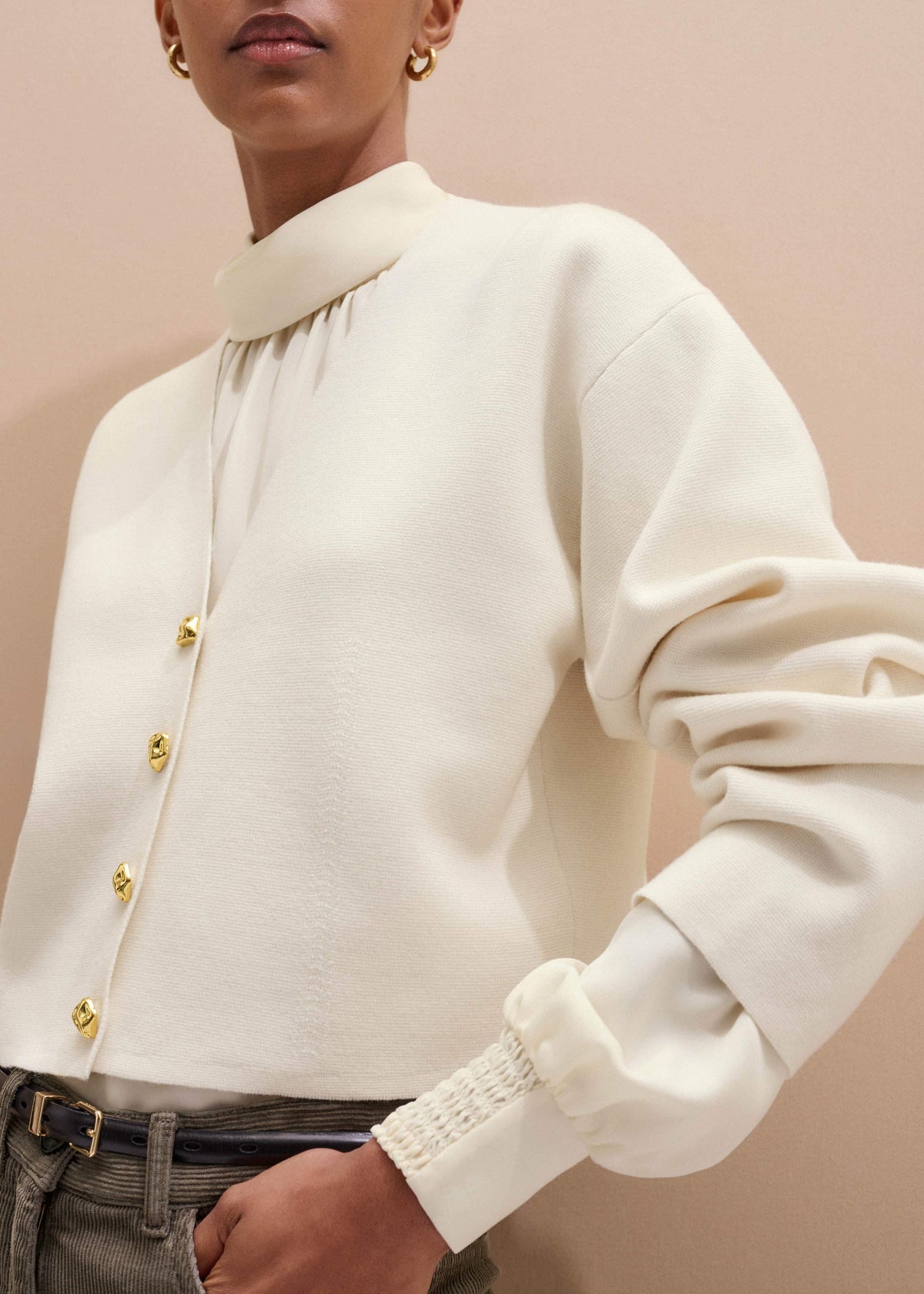 Cream Silk High Neck Slim Cut Blouse | ME+EM Clothing