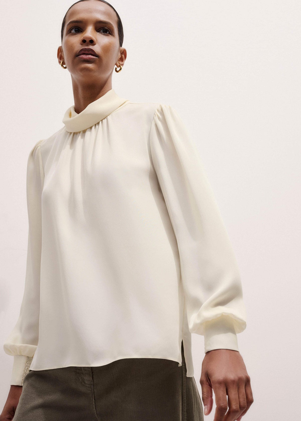 Cream Silk High Neck Slim Cut Blouse | ME+EM Clothing
