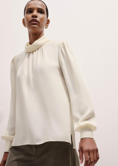 Cream Silk High Neck Slim Cut Blouse | ME+EM Clothing