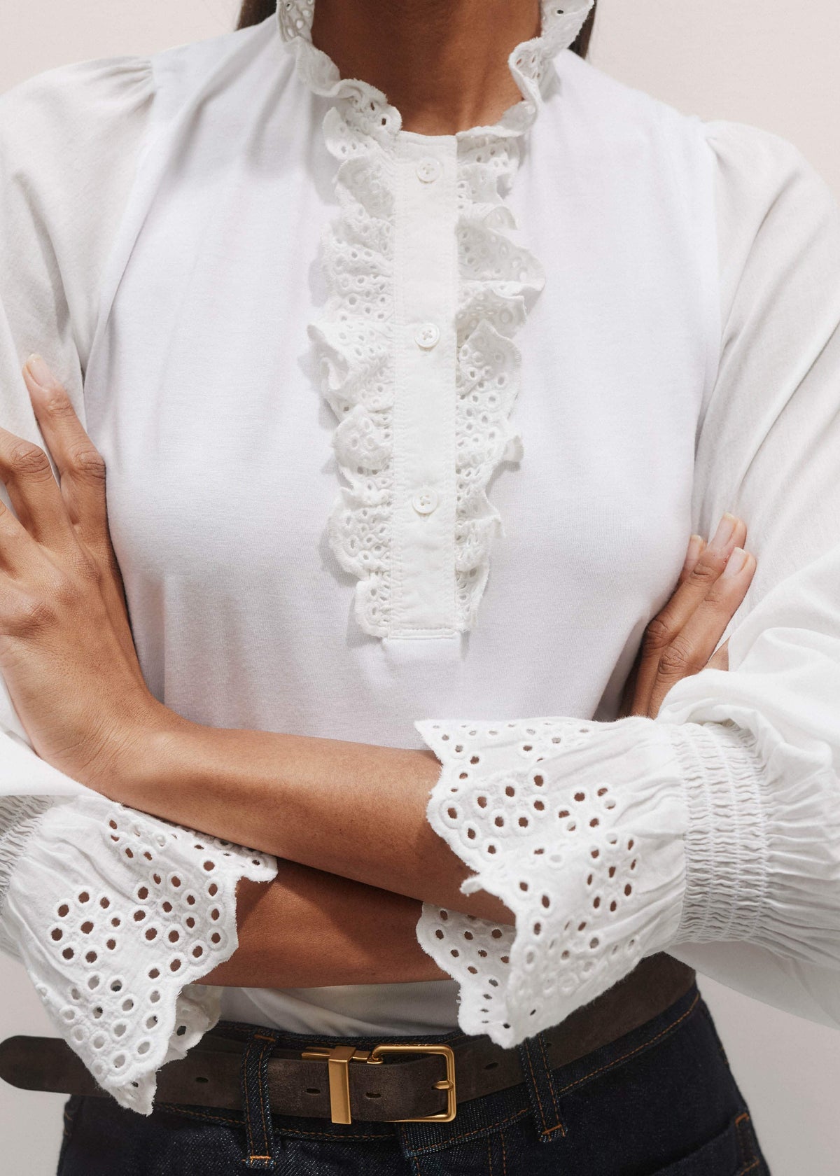 White Cotton Voile Broderie Layering Blouse | ME+EM Clothing