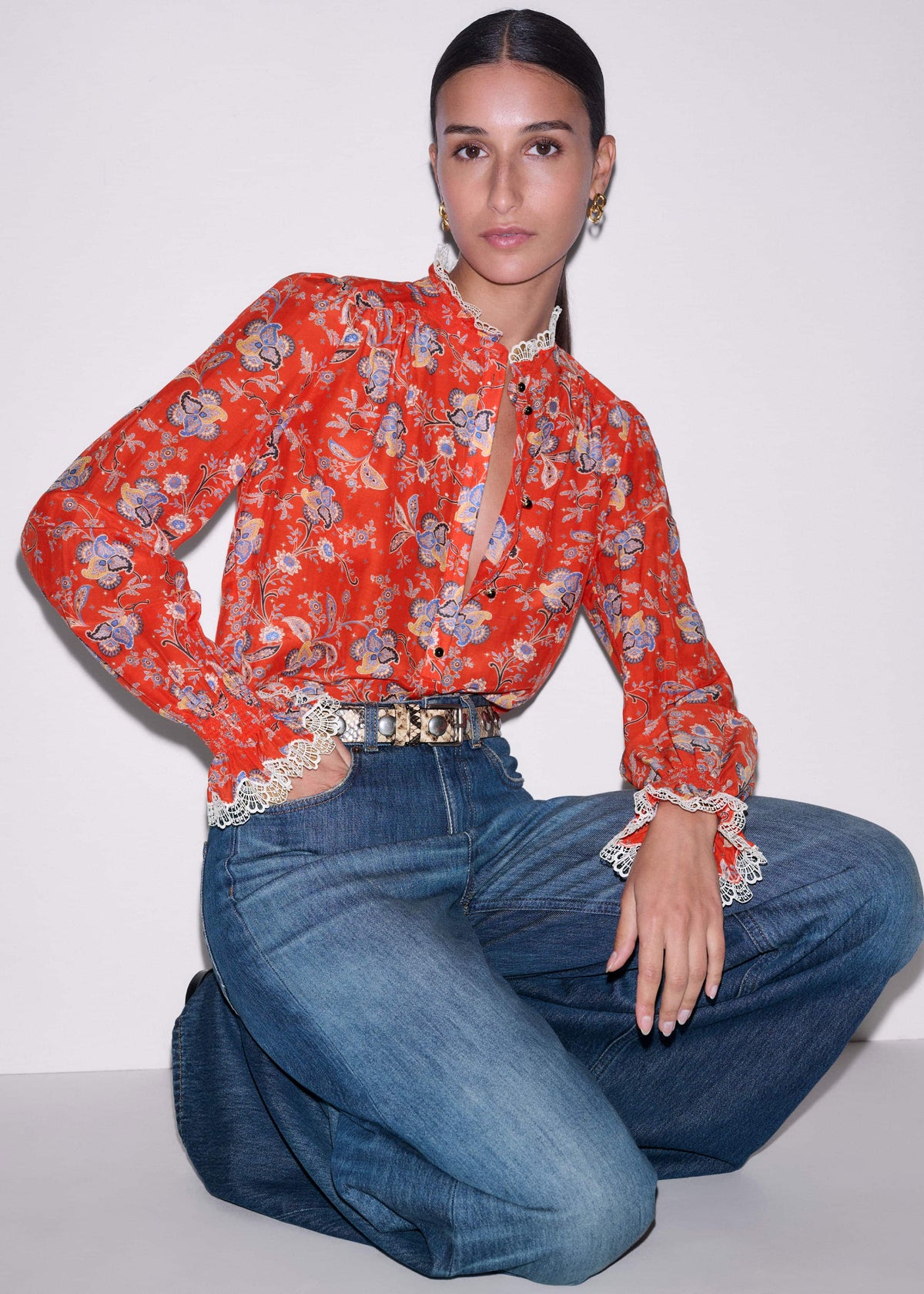 Orange Ornate Floral Paisley Print Blouse | ME+EM Clothing