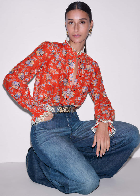 Orange Ornate Floral Paisley Print Blouse | ME+EM Clothing