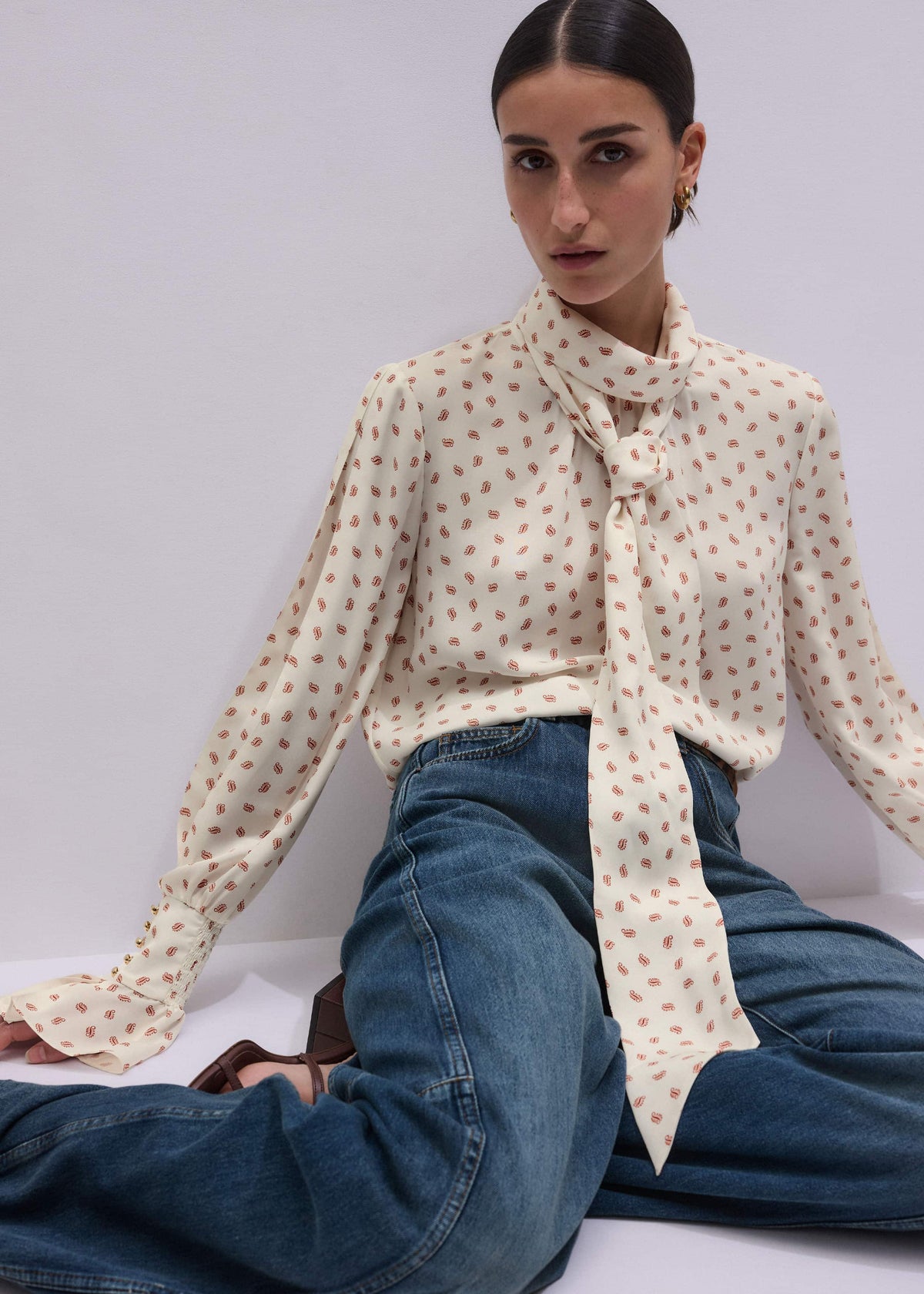 Cream Silk Spaced Paisley Print Statement Sleeve Blouse + Tie | ME+EM Clothing