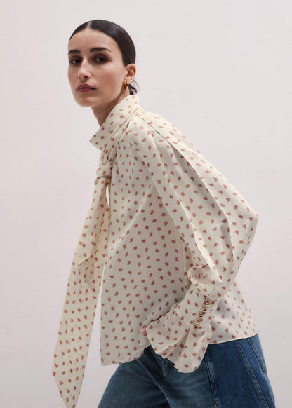 Cream Silk Spaced Paisley Print Statement Sleeve Blouse + Tie | ME+EM Clothing