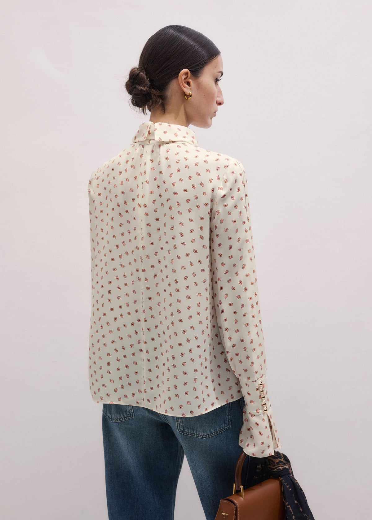 Cream Silk Spaced Paisley Print Statement Sleeve Blouse + Tie | ME+EM Clothing