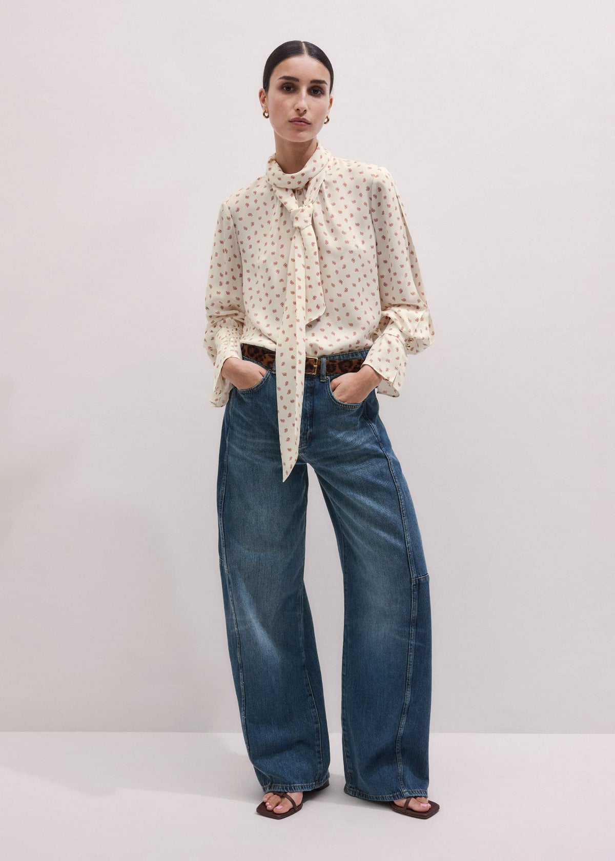 Cream Silk Spaced Paisley Print Statement Sleeve Blouse + Tie | ME+EM Clothing