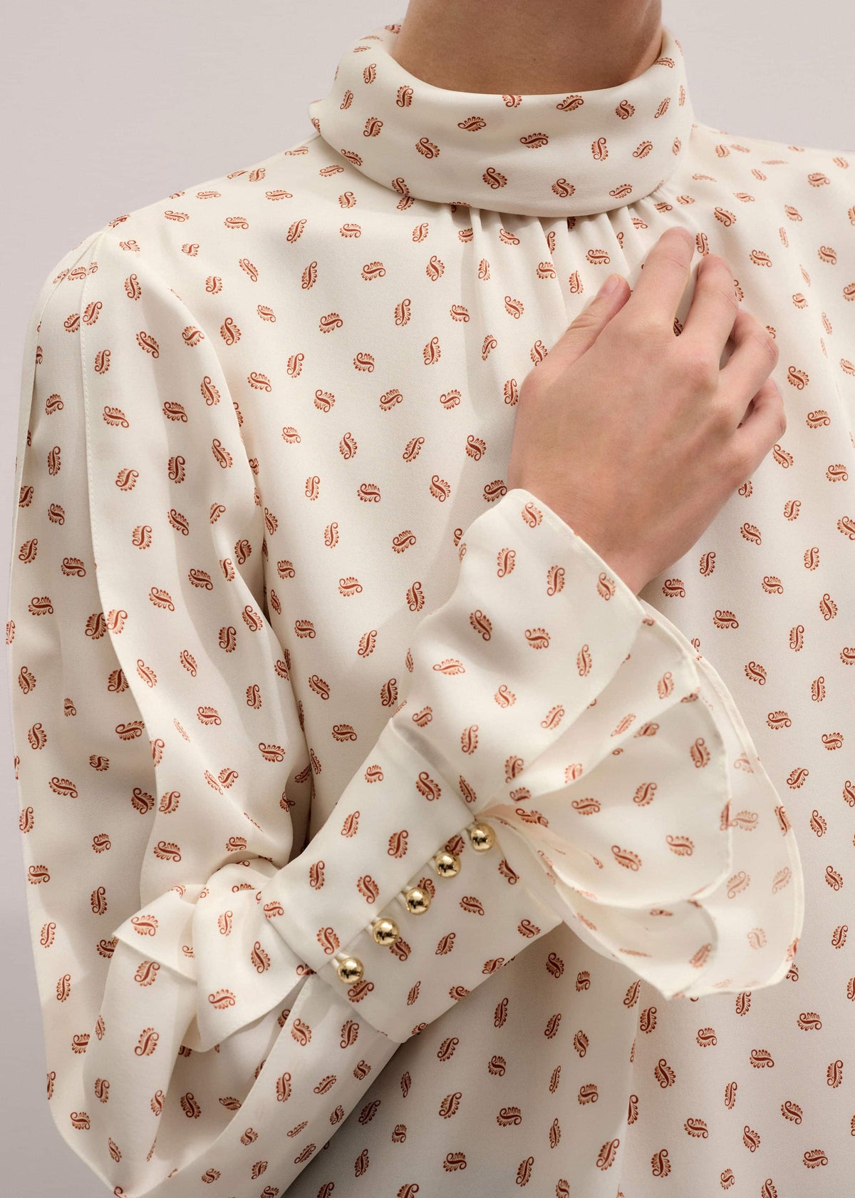 Cream Silk Spaced Paisley Print Statement Sleeve Blouse + Tie | ME+EM Clothing