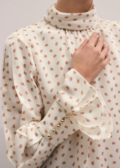 Cream Silk Spaced Paisley Print Statement Sleeve Blouse + Tie | ME+EM Clothing