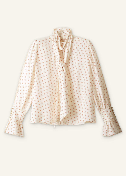 Cream Silk Spaced Paisley Print Statement Sleeve Blouse + Tie | ME+EM Clothing