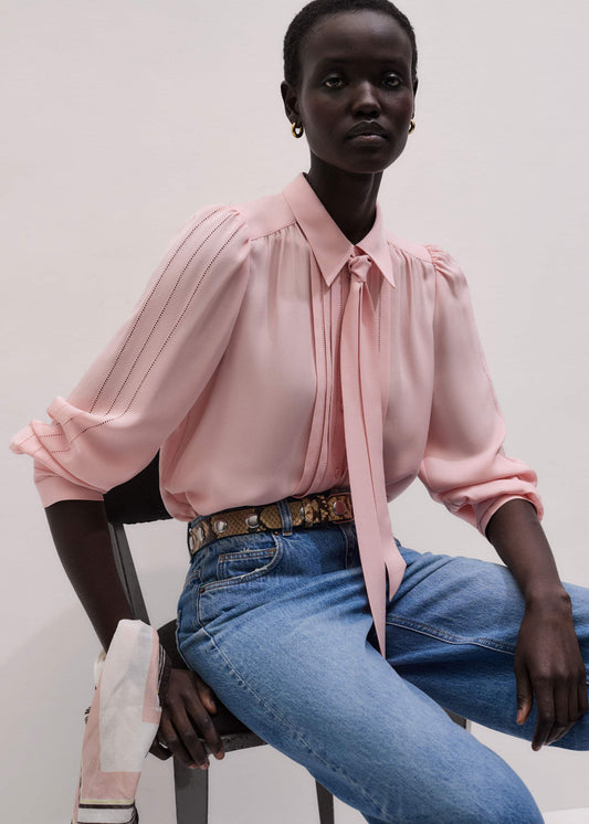 Pink Silk Feminine Embroidered Fluid Straight Blouse | ME+EM Clothing