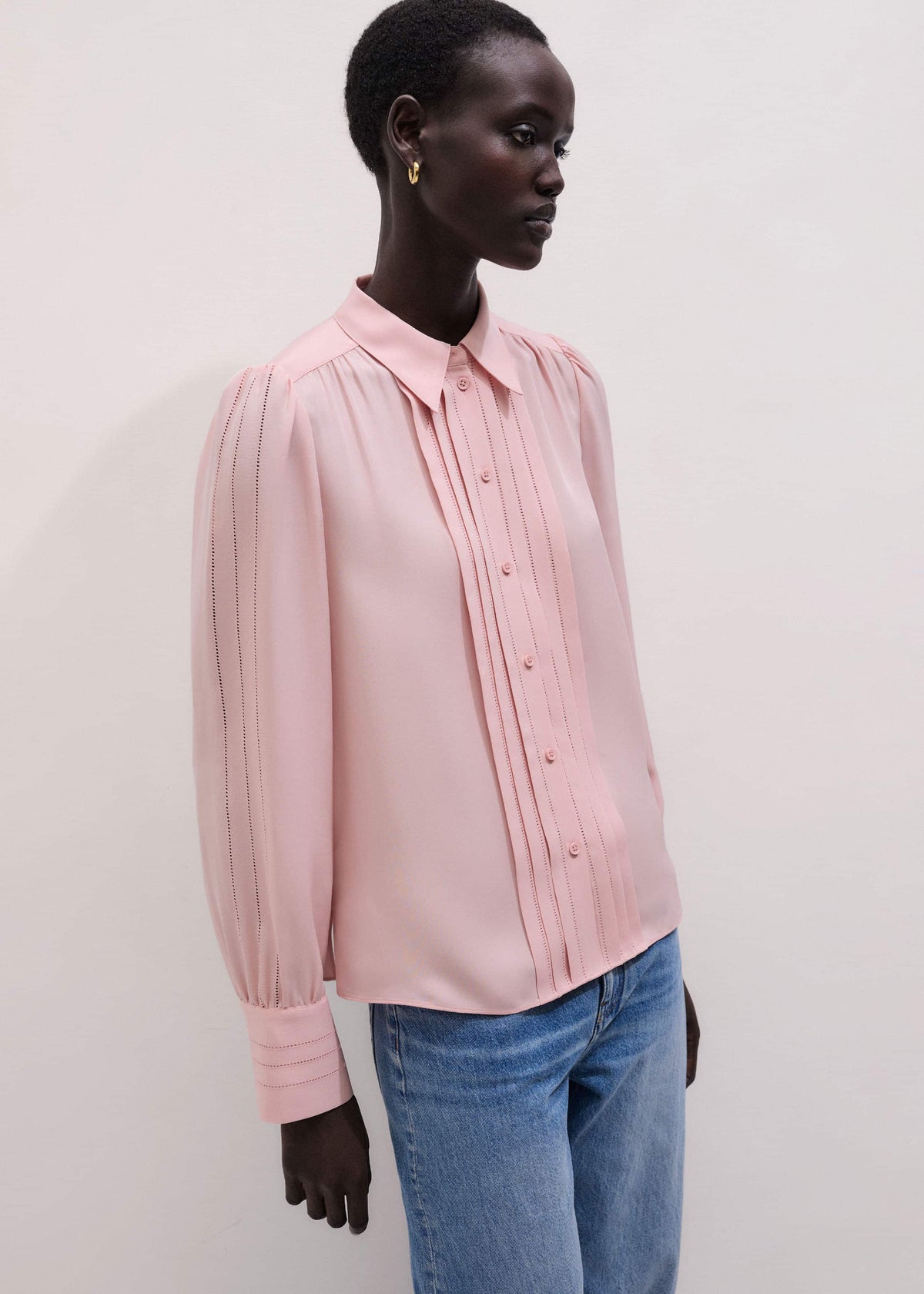 Pink Silk Feminine Embroidered Fluid Straight Blouse | ME+EM Clothing