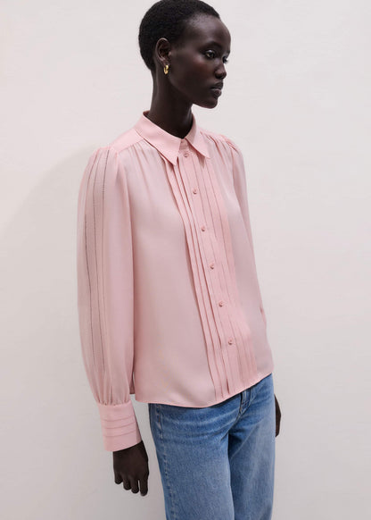 Pink Silk Feminine Embroidered Fluid Straight Blouse | ME+EM Clothing