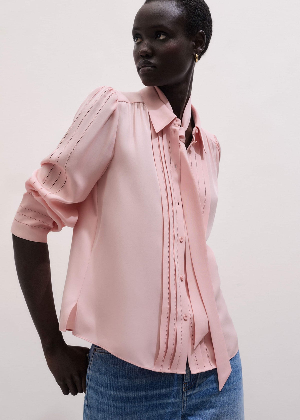 Pink Silk Feminine Embroidered Fluid Straight Blouse | ME+EM Clothing