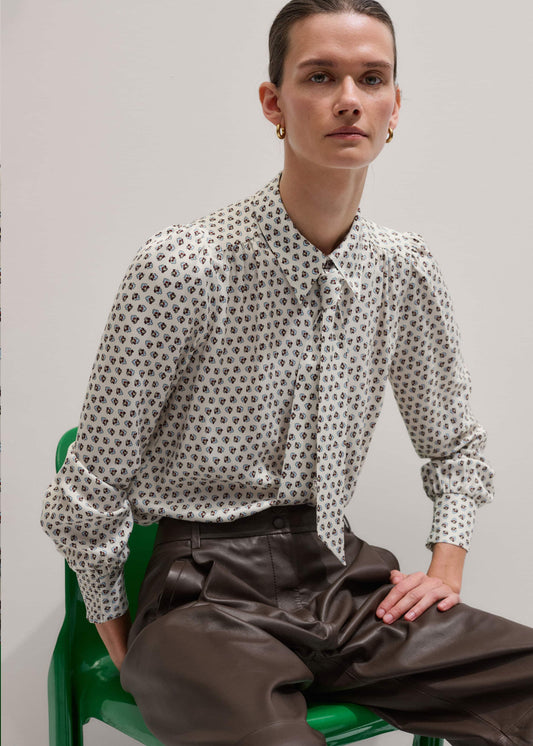 Cream Micro Paisley Print Blouse + Tie | ME+EM Clothing