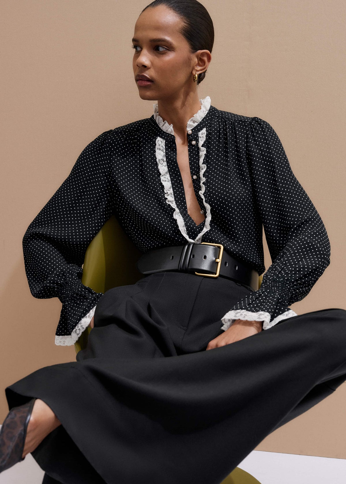 Black Micro Polka Dot And Lace Blouse | ME+EM Clothing