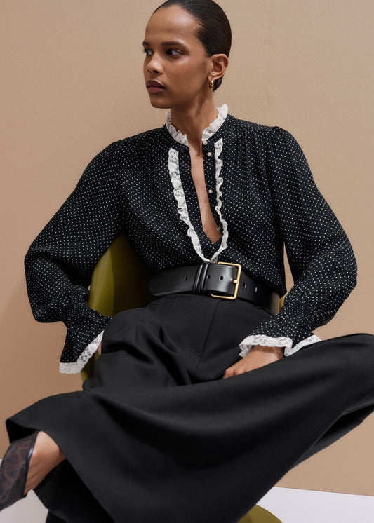Black Micro Polka Dot And Lace Blouse | ME+EM Clothing
