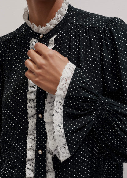 Black Micro Polka Dot And Lace Blouse | ME+EM Clothing