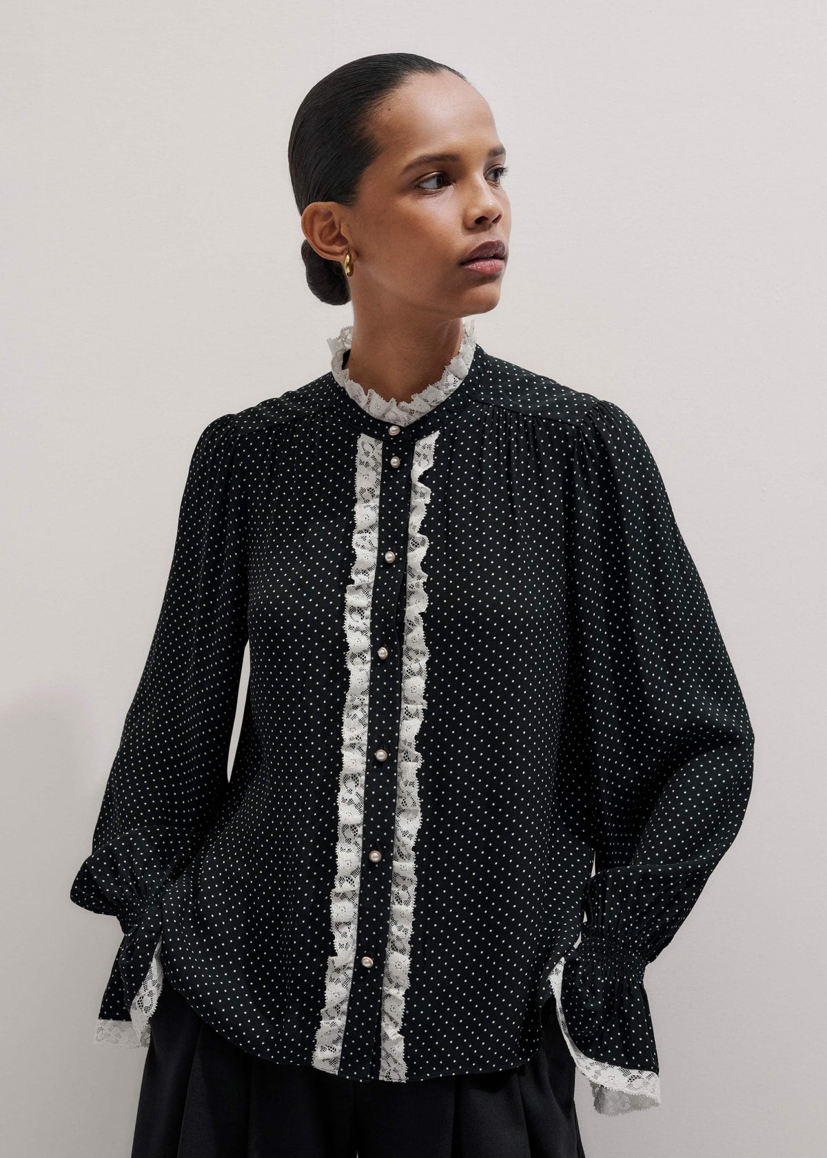 Black Micro Polka Dot And Lace Blouse | ME+EM Clothing