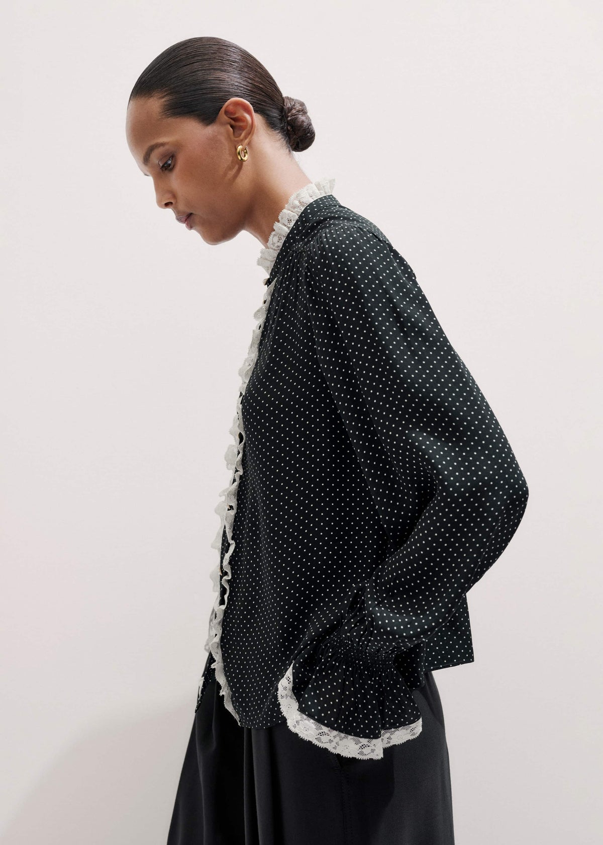 Black Micro Polka Dot And Lace Blouse | ME+EM Clothing