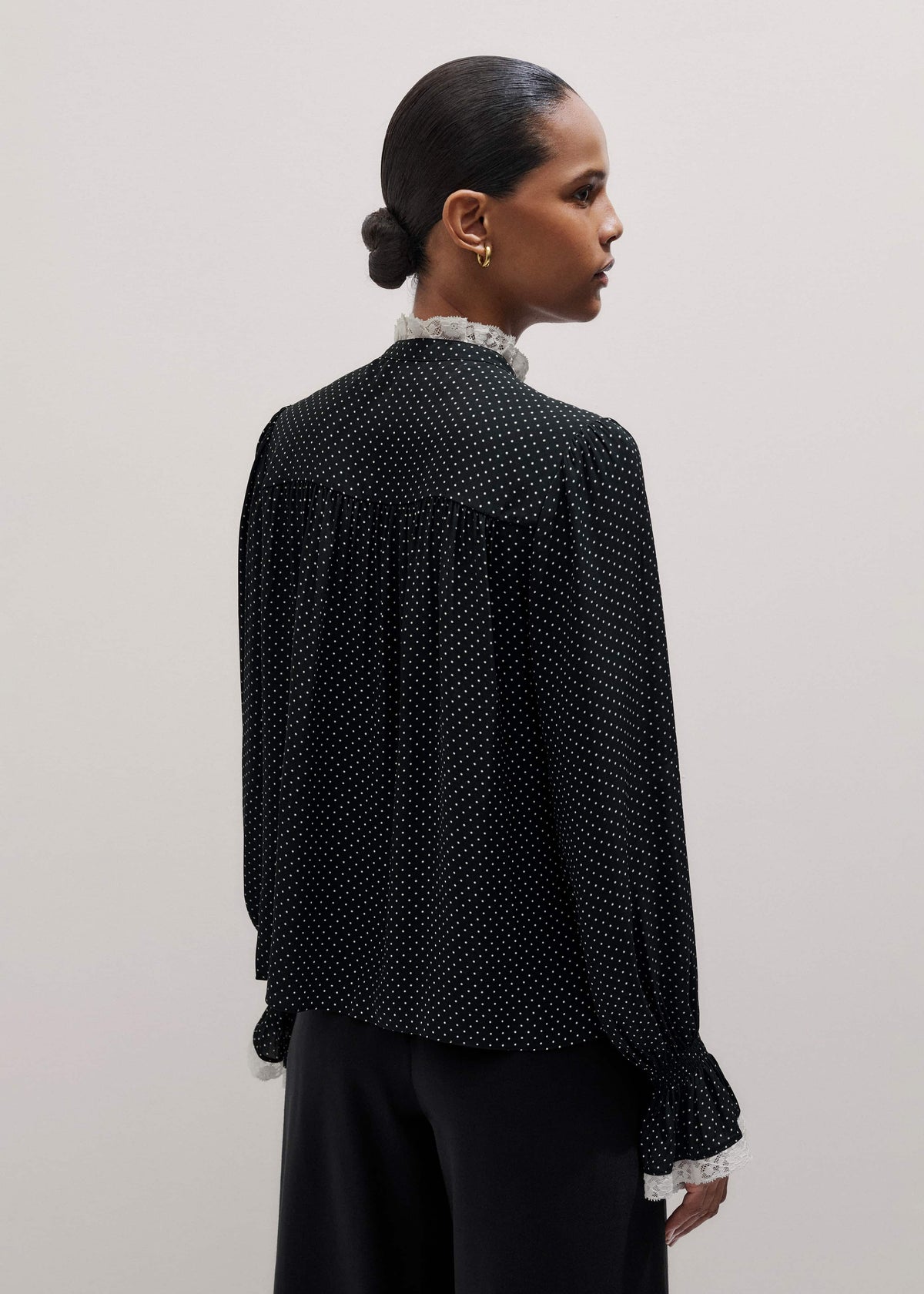 Black Micro Polka Dot And Lace Blouse | ME+EM Clothing