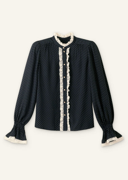 Black Micro Polka Dot And Lace Blouse | ME+EM Clothing