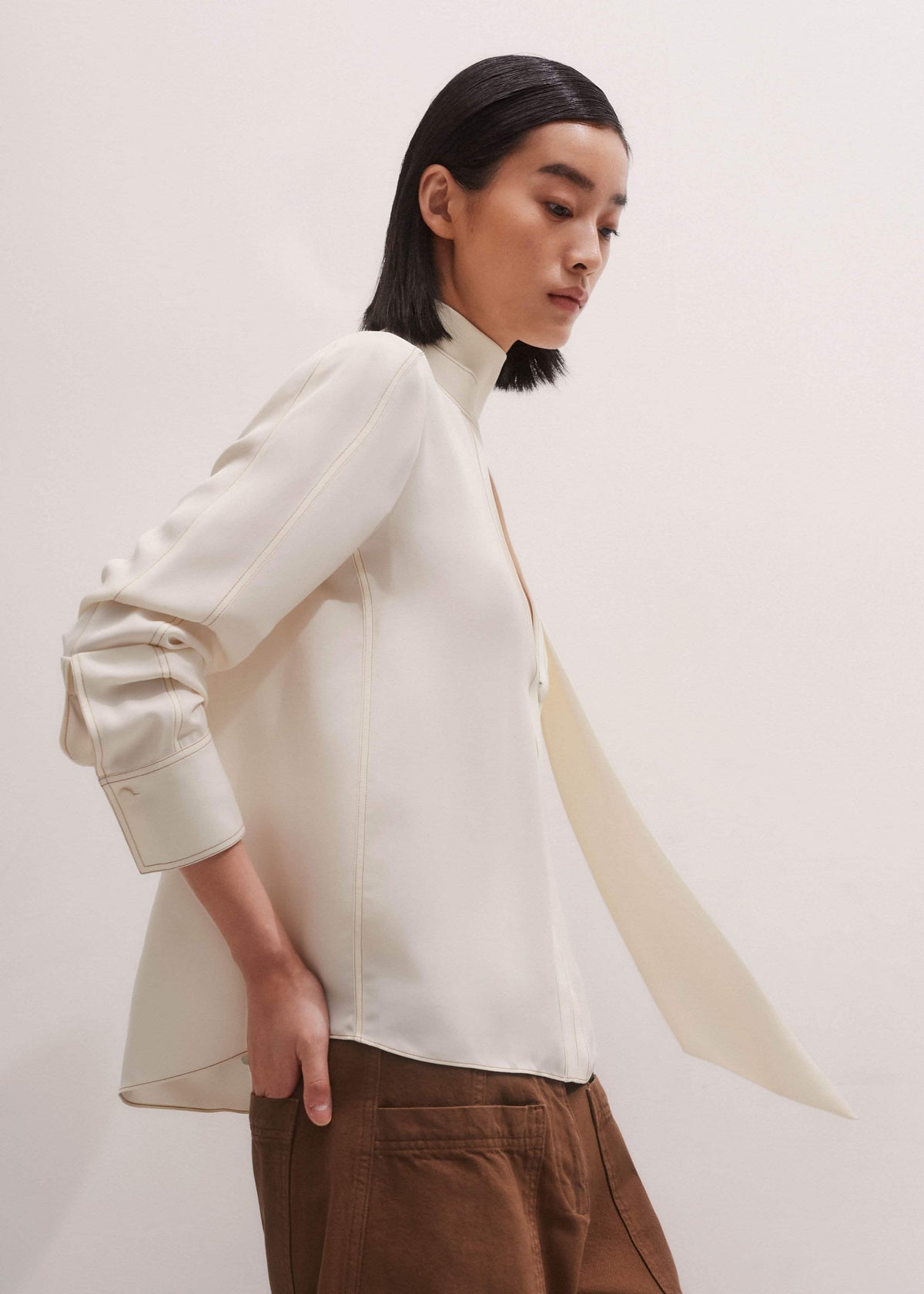 Cream High Neck Blouse + Tie | ME+EM Clothing