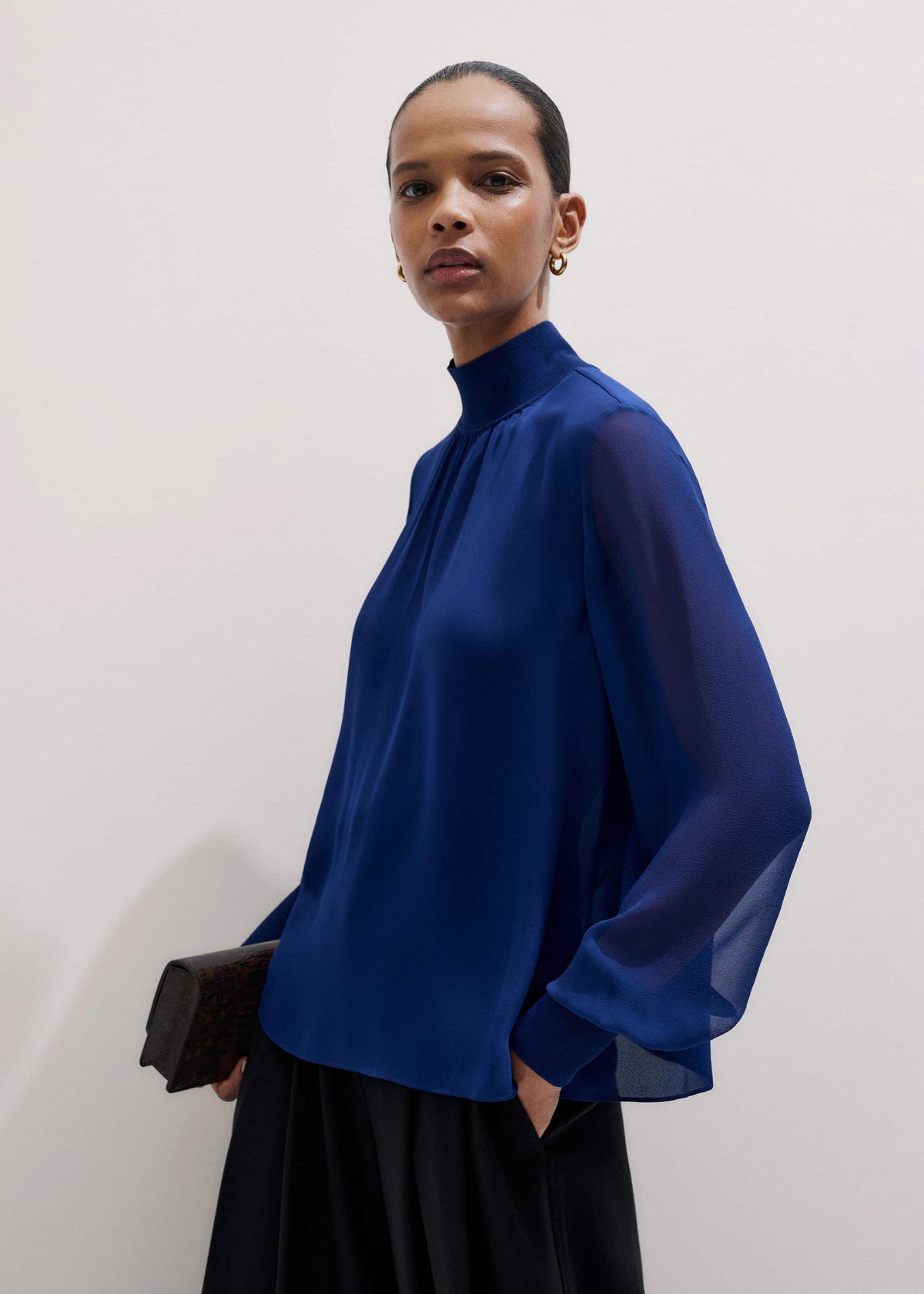 Blue Silk Chic Rib Straight Blouse | ME+EM Clothing
