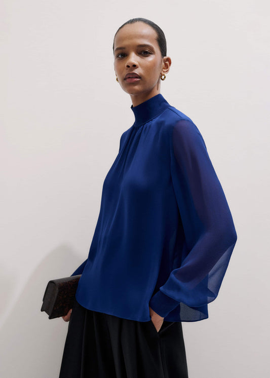 Blue Silk Chic Rib Straight Blouse | ME+EM Clothing