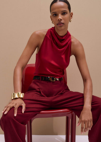 Red Silk Satin Halterneck Sleeveless Top | ME+EM Clothing