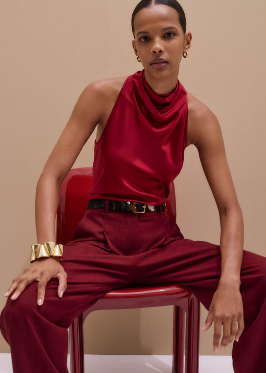 Red Silk Satin Halterneck Sleeveless Top | ME+EM Clothing