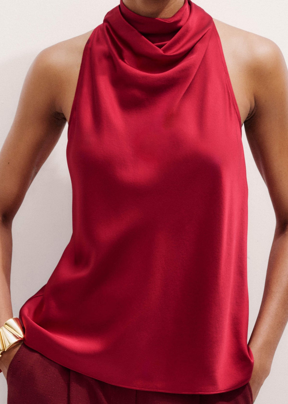 Red Silk Satin Halterneck Sleeveless Top | ME+EM Clothing