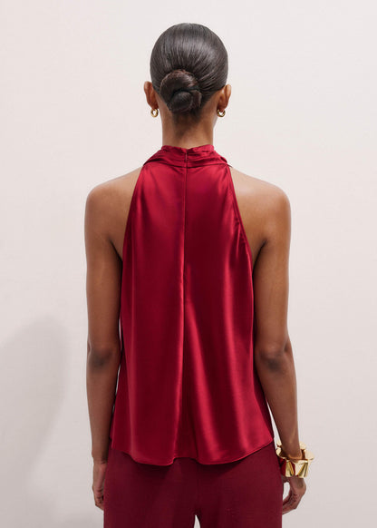 Red Silk Satin Halterneck Sleeveless Top | ME+EM Clothing