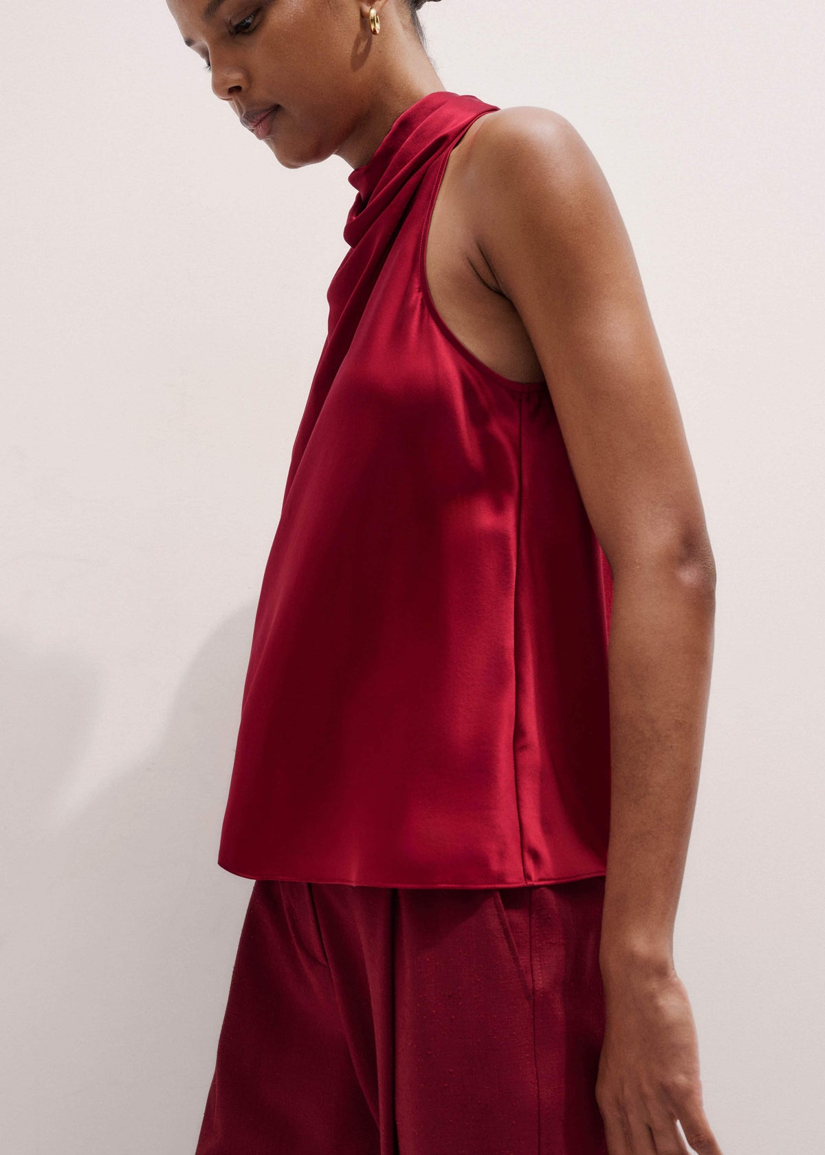Red Silk Satin Halterneck Sleeveless Top | ME+EM Clothing
