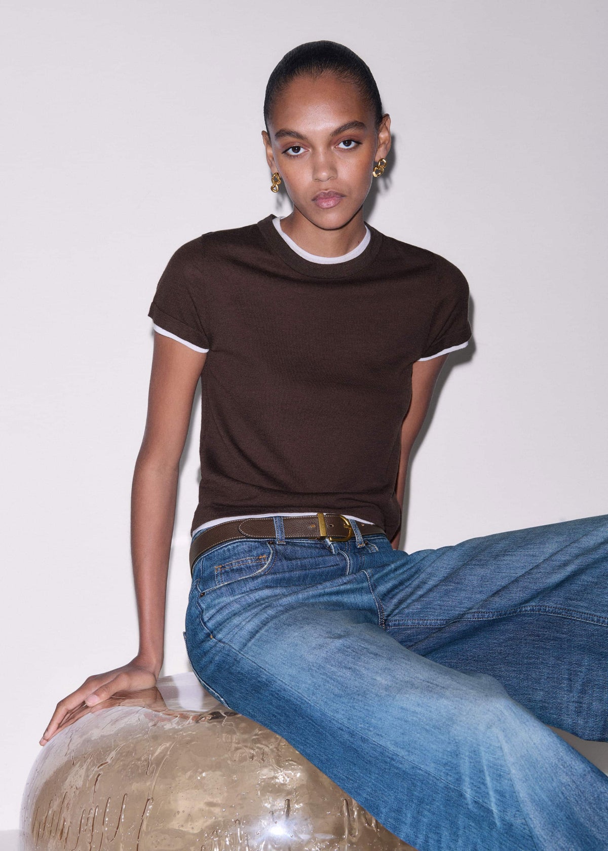 Brown Barely There Contrast Trim Knit Baby Tee | ME+EM Clothing