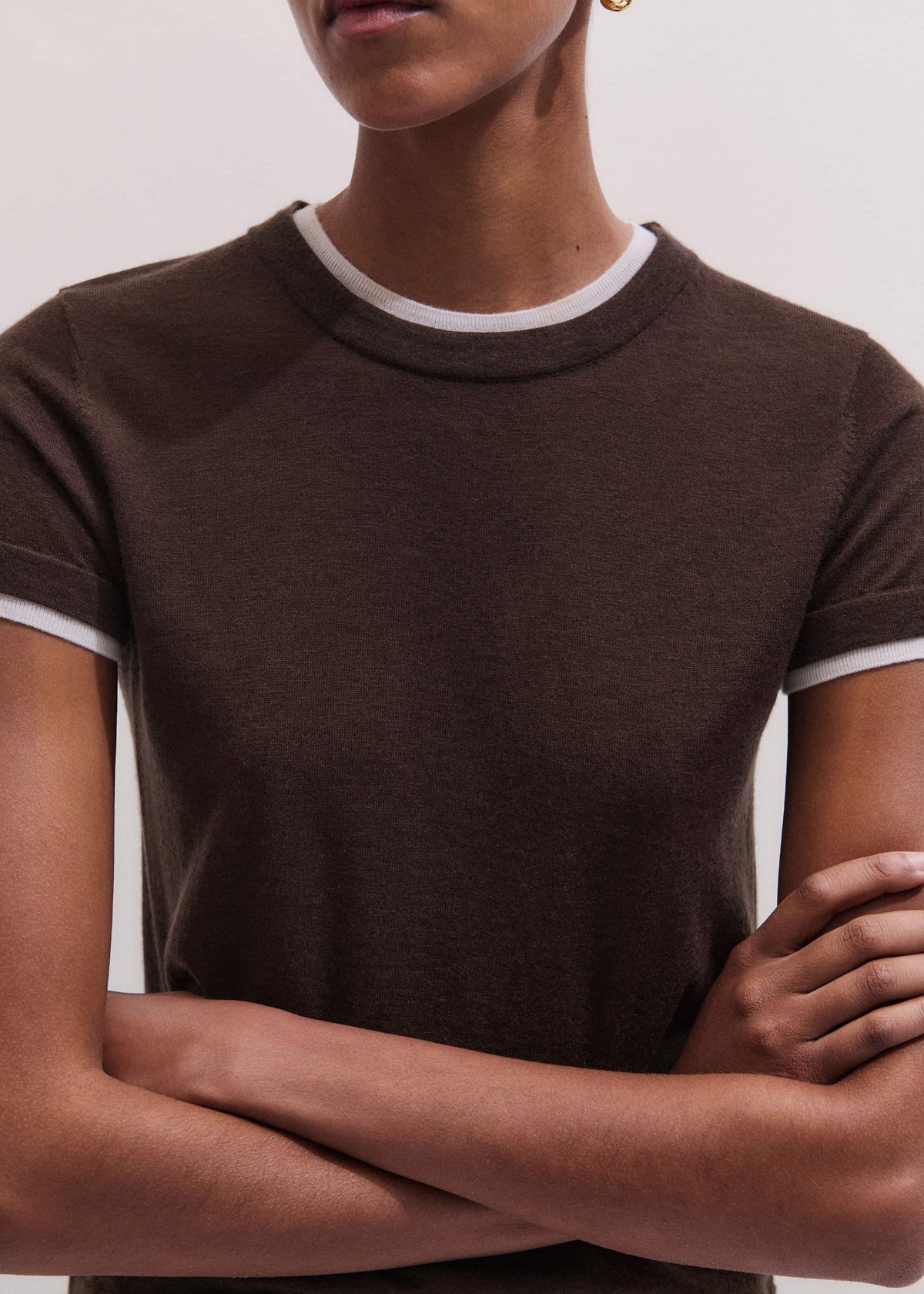 Brown Barely There Contrast Trim Knit Baby Tee | ME+EM Clothing
