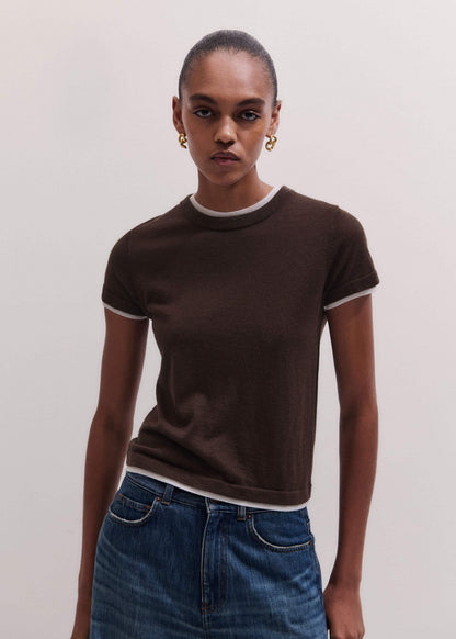 Brown Barely There Contrast Trim Knit Baby Tee | ME+EM Clothing