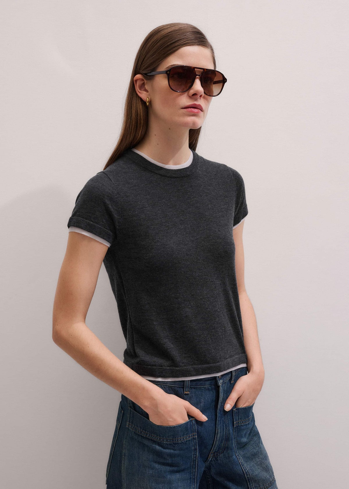 Grey Barely There Contrast Trim Knit Baby Tee | ME+EM Clothing