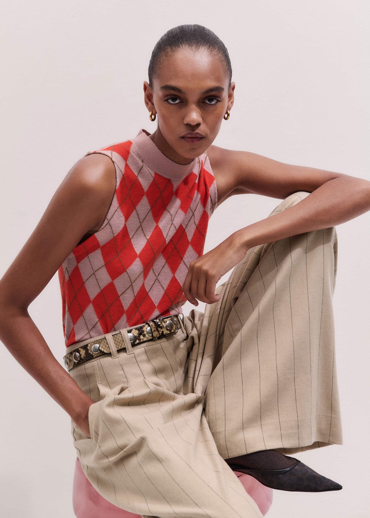 Pink Fine Argyle Slim Knit Vest | ME+EM Clothing