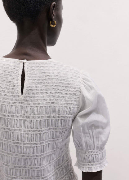 White Soft Cotton Contrast Stitch Smocked Day Top | ME+EM Clothing