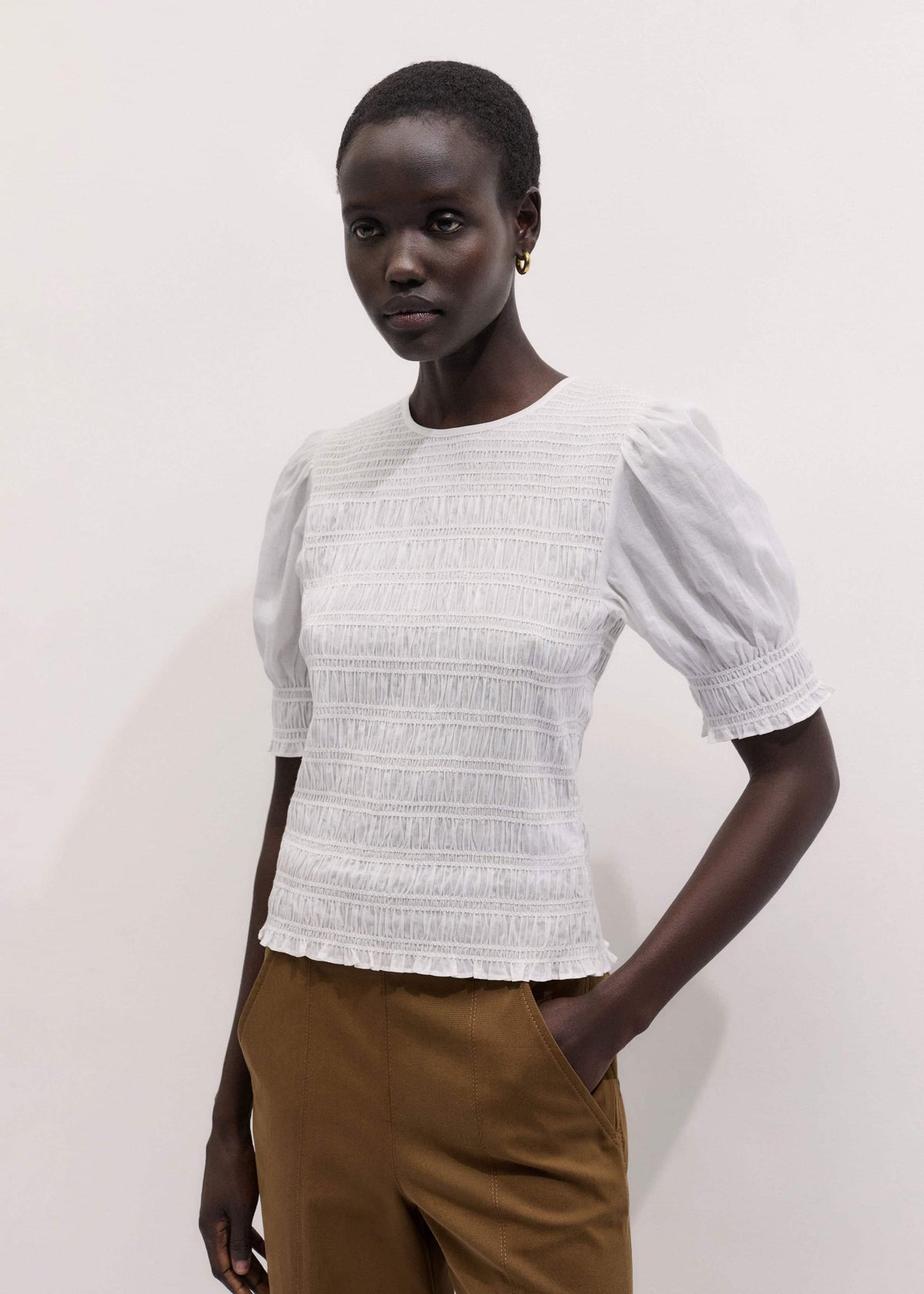 White Soft Cotton Contrast Stitch Smocked Day Top | ME+EM Clothing